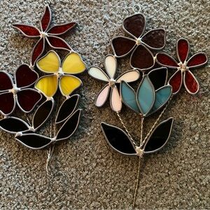 Vintage Set 2 Stained Glass Flower bouquet Handcrafted Window Decor